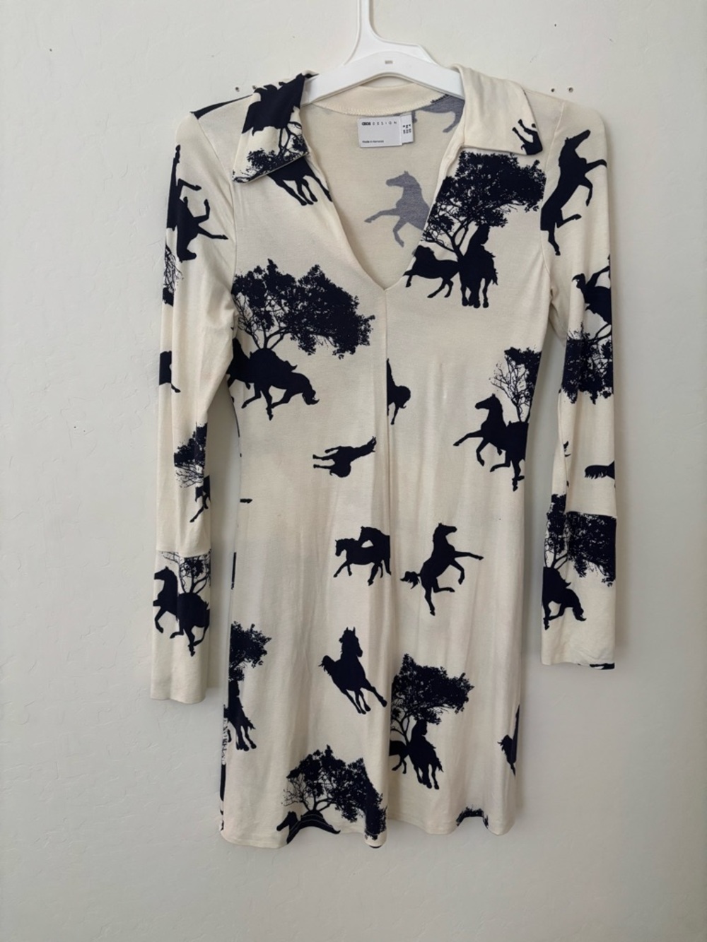 ASOS Long Sleeve Cream Dress with Navy Horse Print